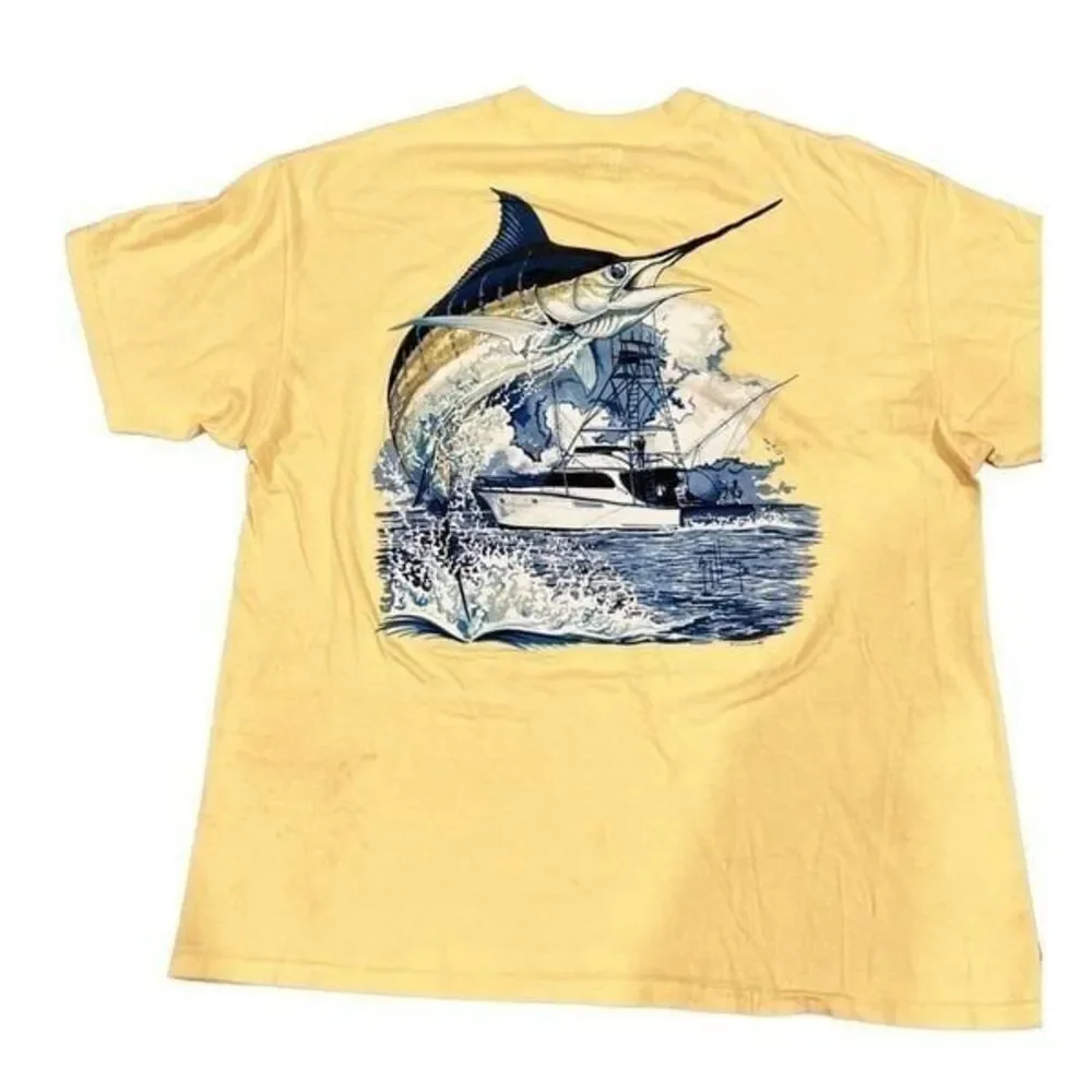 Vintage Guy Harvey Marlin Boat blue-Print Yellow Tee - Picture 3 of 8